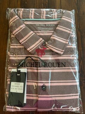Michael Rouen Wine & Light Pink Striped Performance Polo, short sleeve, Size XL